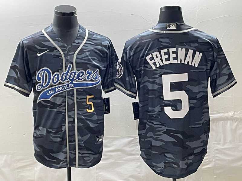 Men%27s Los Angeles Dodgers #5 Freddie Freeman Number Gray Camo Cool Base With Patch Stitched Baseball Jersey